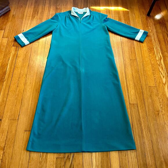 Vintage 70s Vanity Fair Velour Robe Teal & White Zip Front Lounge Dress Size 14 - Picture 5 of 15